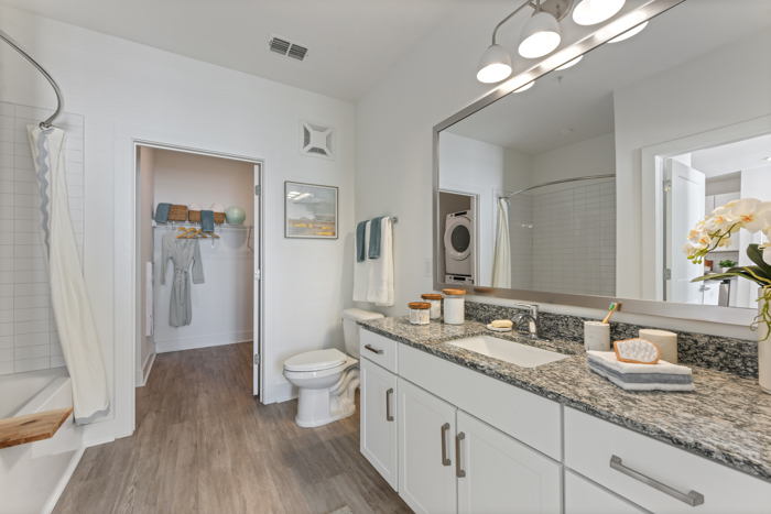 large open bathroom with vanity